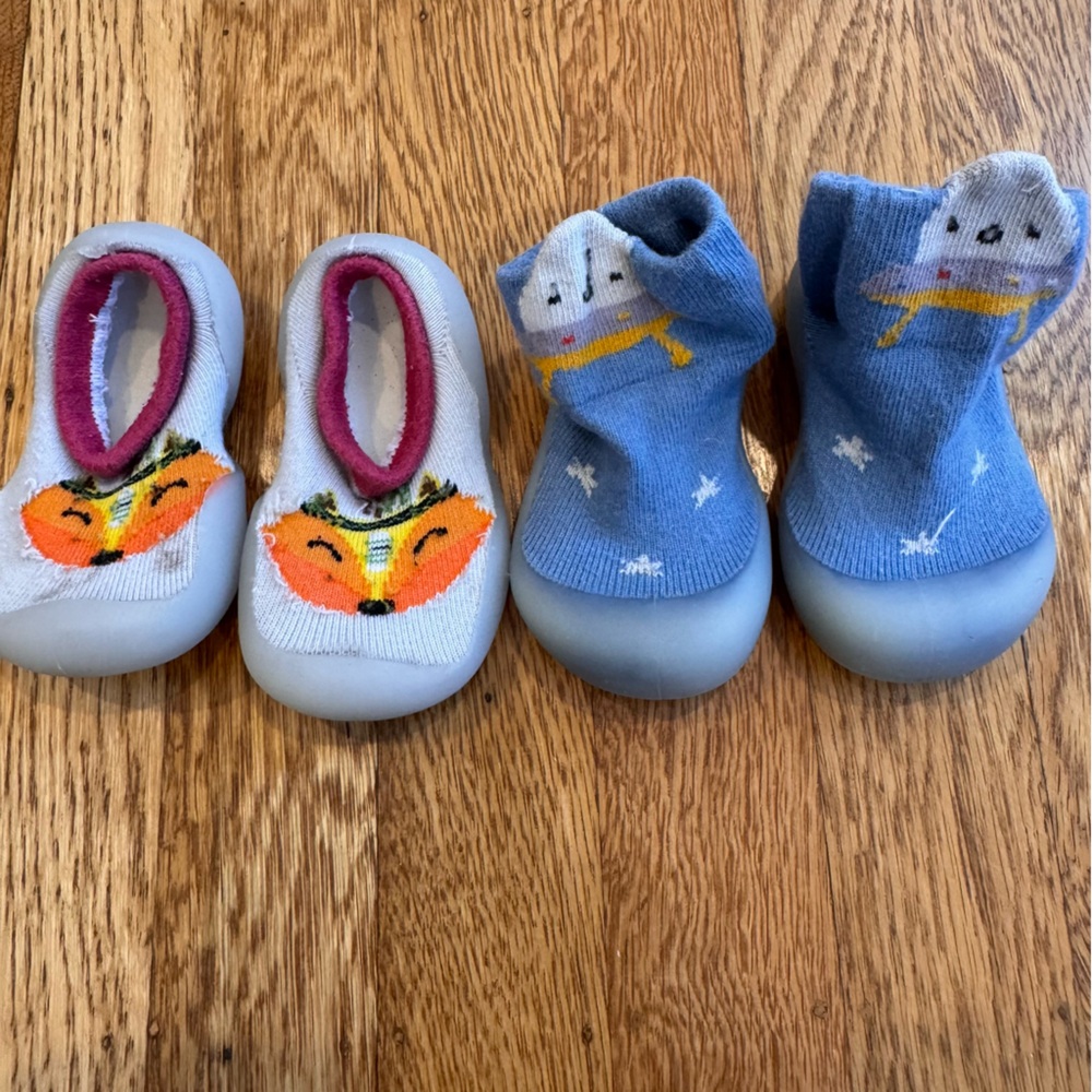 Toddler Fox & Bunny Slip-On Sock Shoes, Gray & Blue, Sz 6-12 months